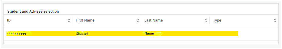 Screenshot of student advisee selection